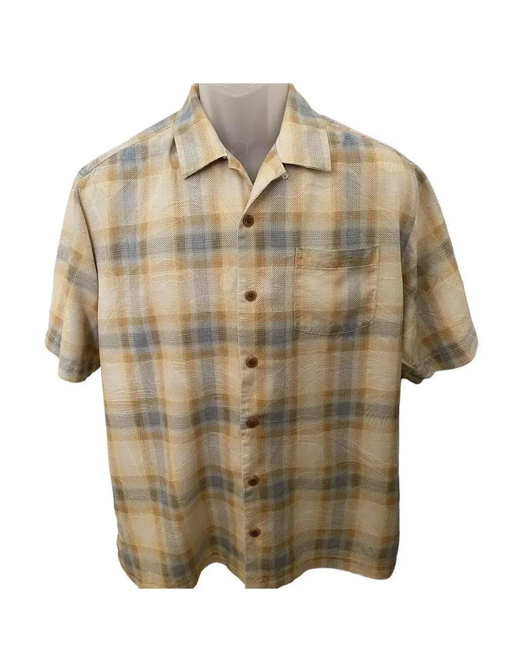 TOMMY BAHAMA 100% Silk Yellow & Blue Plaid Shirt Men M Medium